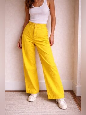 Polo Ralph Lauren Yellow Wide Leg Trousers High Rise Size 8 Euro Summer Coastal